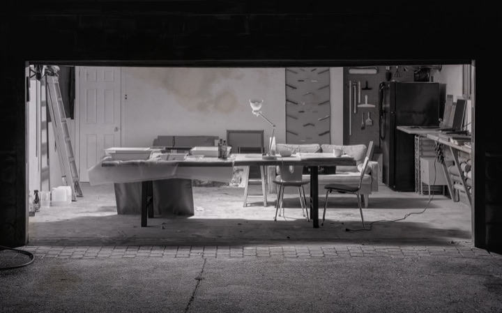 hh's chemigram studio in a garage in montara, california, at night